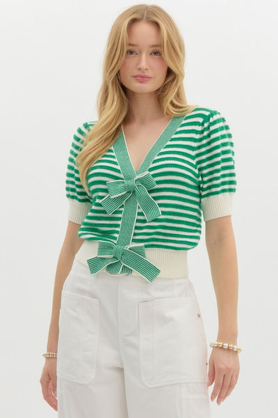 Striped Short Puff Sleeve Cardigan- Green-K. Ellis Boutique