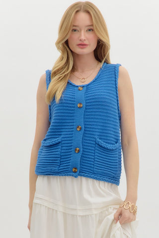 Button Up Knit Vest- Blue-K. Ellis Boutique