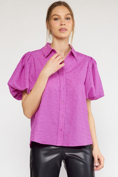 Textured Button Up Puff Sleeve Top - Orchid-K. Ellis Boutique