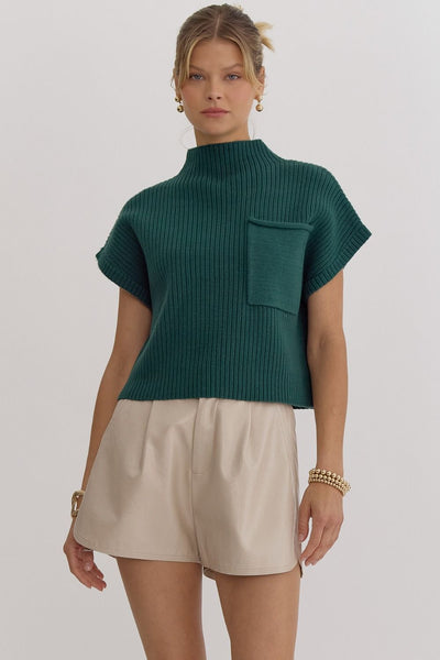 Solid Knit Mock Neck Cropped Top- Forest-K. Ellis Boutique