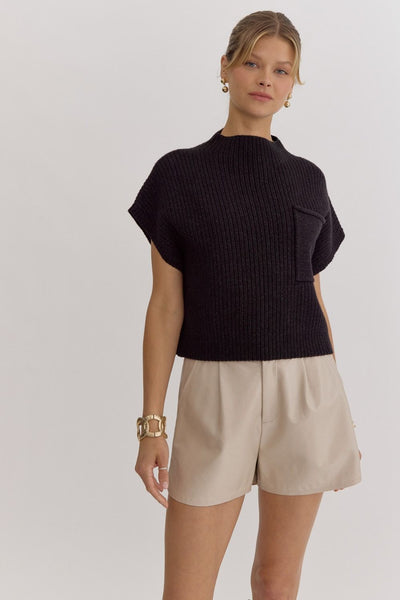 Solid Knit Mock Neck Cropped Top - Black-K. Ellis Boutique