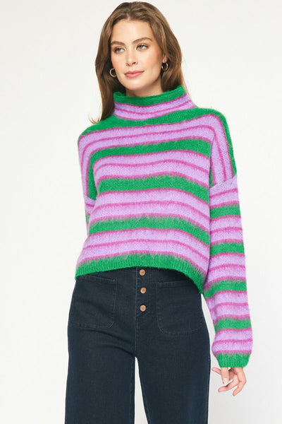 Striped Cropped Turtleneck Sweater - Green/Lavender-K. Ellis Boutique