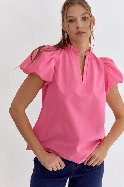 Solid V-Neck Puff Sleeve Blouse - Pink-K. Ellis Boutique