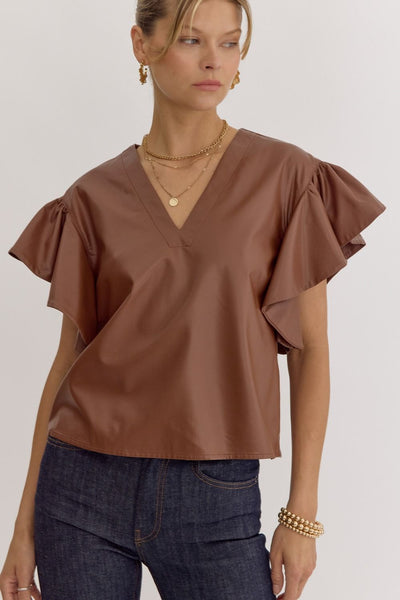 Solid Faux Leather Ruffle Sleeve Top- Brown-K. Ellis Boutique