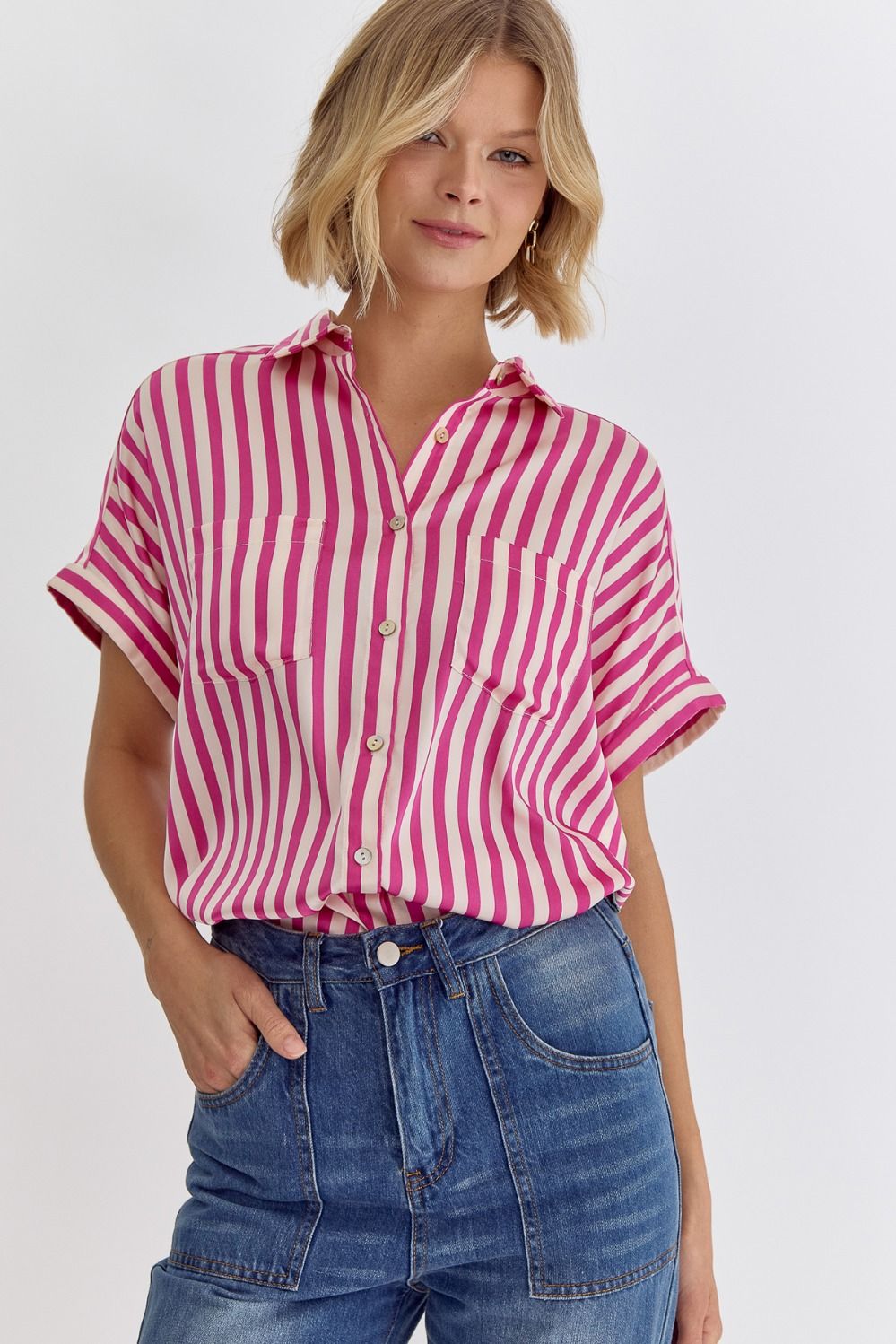 Striped Button Up Blouse - Pink-K. Ellis Boutique