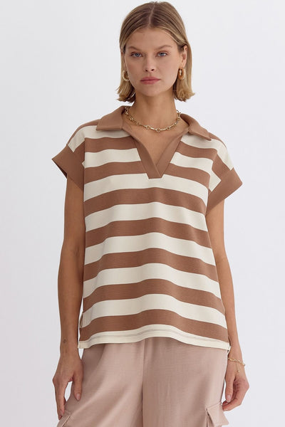 Stripe Collared Top- Light Mocha-K. Ellis Boutique