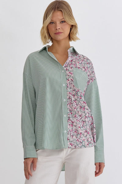 Mixed Print Button Up Long Sleeve Blouse- Green Combo-K. Ellis Boutique