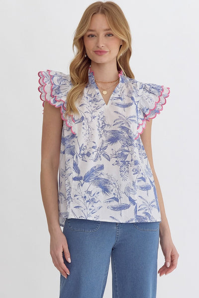 Leaf Print Ruffle Sleeve Top - Blue/Pink-K. Ellis Boutique