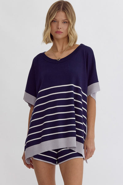 Solid Round Poncho Style Top- Navy-K. Ellis Boutique