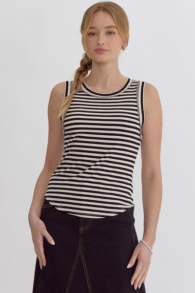 Stripe Print Round Neck Tank Top- Black-K. Ellis Boutique