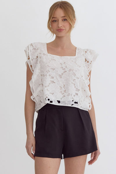 Lace Floral Square Neck Top- Off White-K. Ellis Boutique