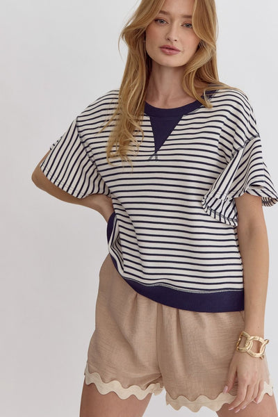 Striped Ruffle Sleeve Top - Navy-K. Ellis Boutique