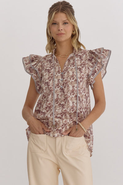 Floral Print V-Neck Top- Ecru-K. Ellis Boutique