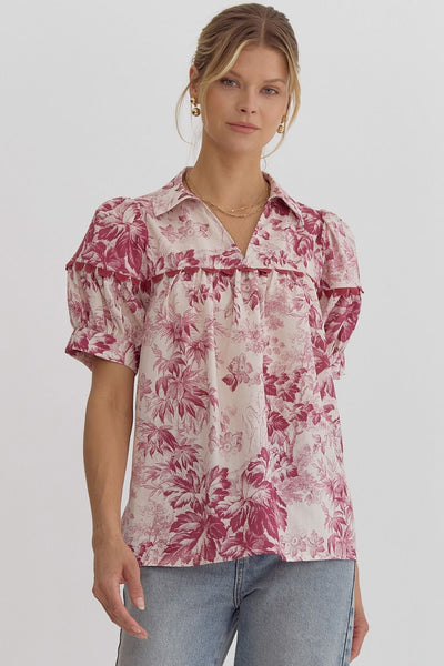 Floral Print V-Neck Top - Merlot-K. Ellis Boutique