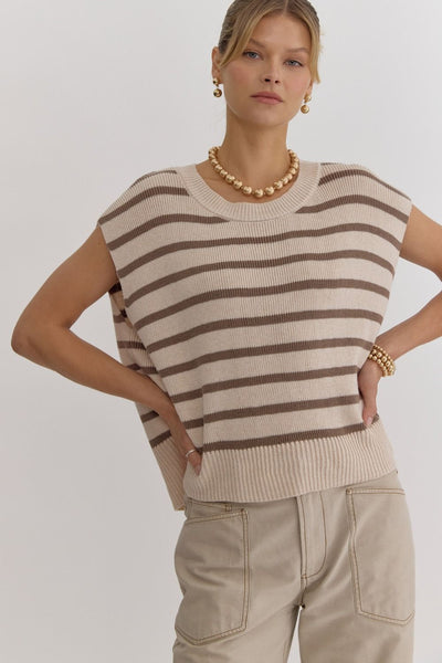 Stripe Print Round Neck Knit Top- Oatmeal-K. Ellis Boutique