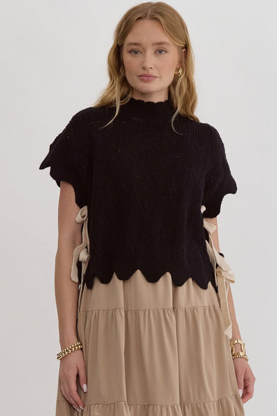 Solid Knit Mock Neck Top- Black with Bow-K. Ellis Boutique