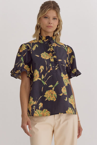 Floral Print Short Sleeve Top- Black-K. Ellis Boutique