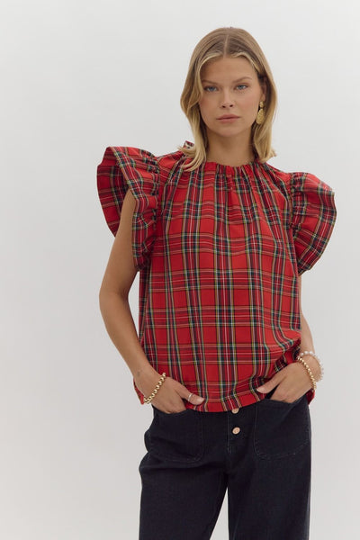 Plaid Print Ruffle Sleeve Top - Red-K. Ellis Boutique