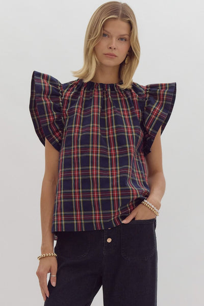 Plaid Print Ruffle Sleeve Top- Navy-K. Ellis Boutique