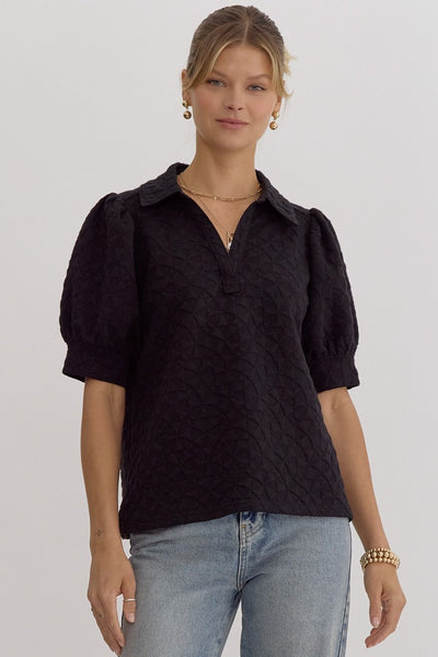 Solid Textured V-Neck Top- Black-K. Ellis Boutique