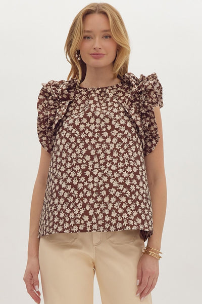 Floral Print Jacquard Top - Chocolate-K. Ellis Boutique