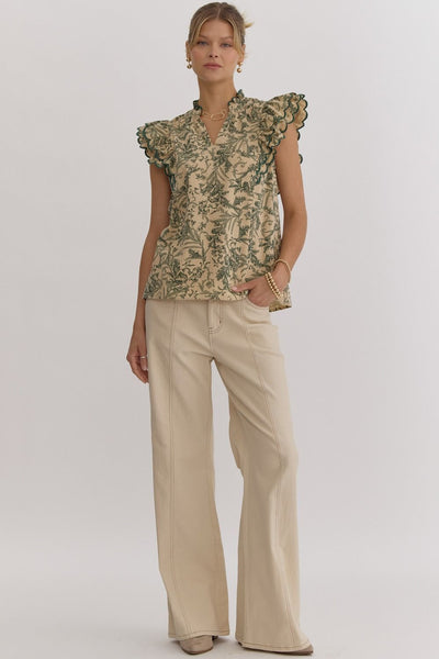 Floral Print V-Neck Top - Hunter Green-K. Ellis Boutique