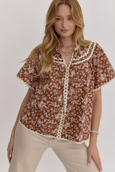 Floral Print V-Neck Short Sleeve Top - Chestnut-K. Ellis Boutique