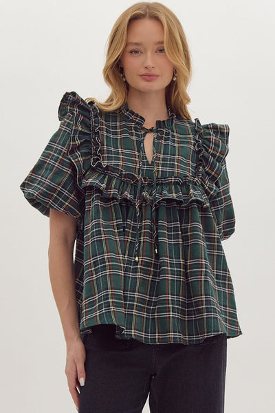 Plaid Print Bubble Sleeve Top- Green-K. Ellis Boutique