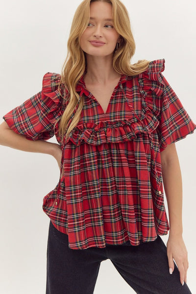 Plaid Print Bubble Sleeve Top - Red-K. Ellis Boutique