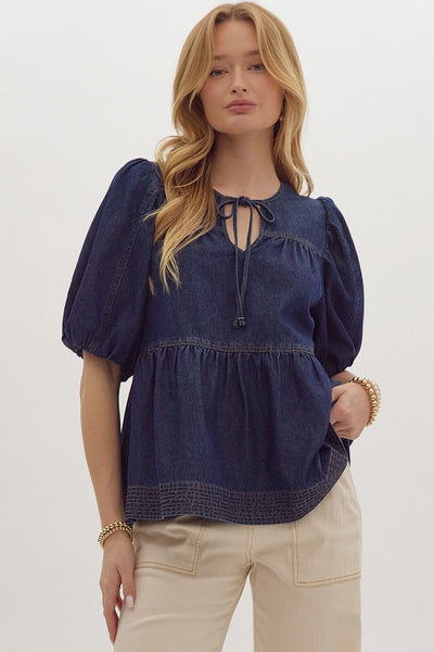 Denim V-Neck Bubble Sleeve Top- Dark Denim-K. Ellis Boutique