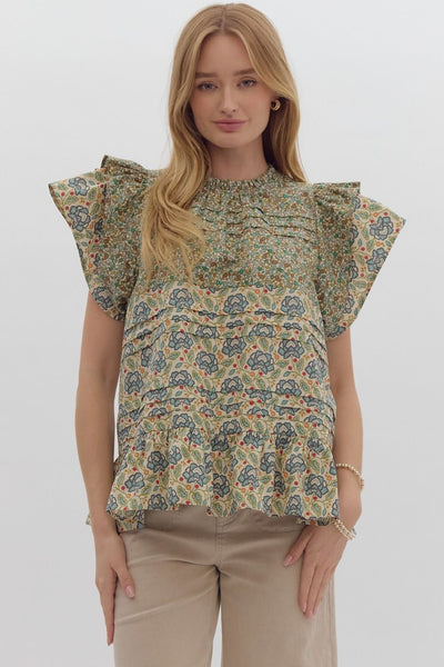 Printed Ruffle Short Sleeve Top - Green-K. Ellis Boutique