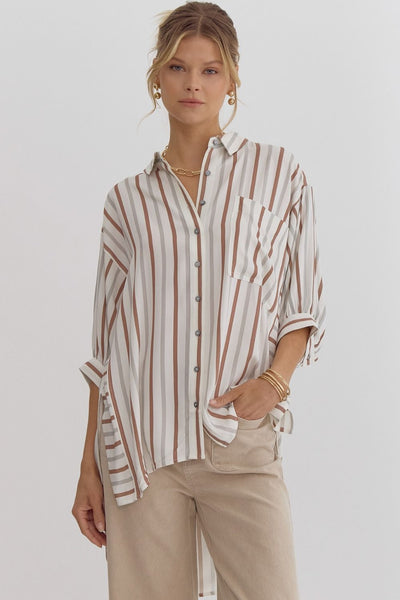 Stripe Print Button Down Top - Brown/Grey-K. Ellis Boutique