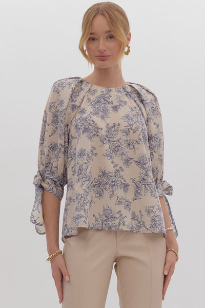 Printed Half Sleeve Round Neck Blouse - Ecru-K. Ellis Boutique