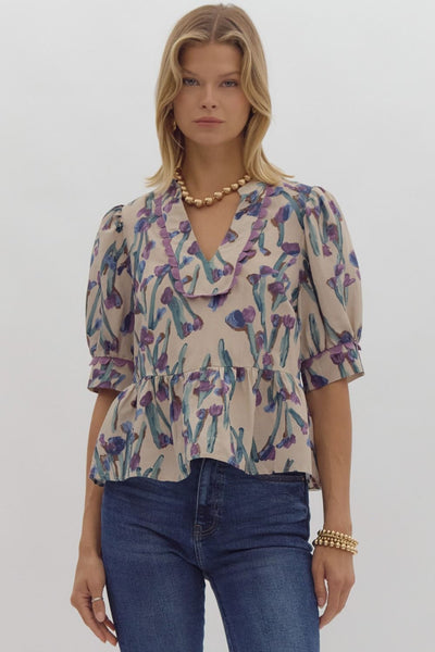 Printed Scalloped Detail Cropped Top - Ecru-K. Ellis Boutique