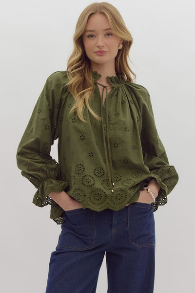 Solid Eyelet Long Sleeve Top - Olive-K. Ellis Boutique