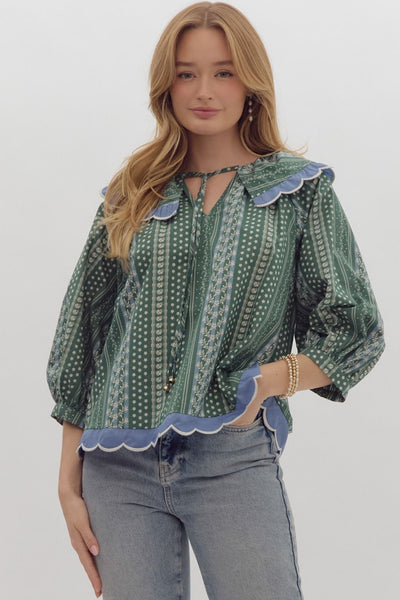 Printed V-Neck Collared Top- Forest-K. Ellis Boutique