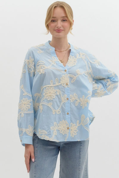 Floral Applique Long Sleeve Top - Light Blue-K. Ellis Boutique