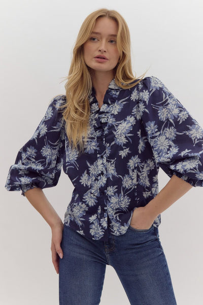 Floral Print Ruffle Neck Top- Navy-K. Ellis Boutique