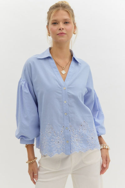 Solid Eyelet Embroidered Top- Blue-K. Ellis Boutique