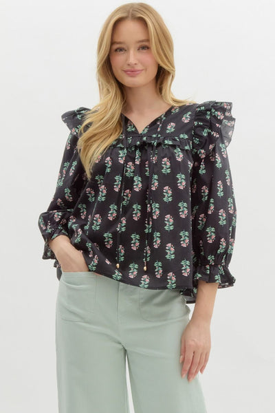 Floral Print Ruffle Shoulder Top - Black-K. Ellis Boutique