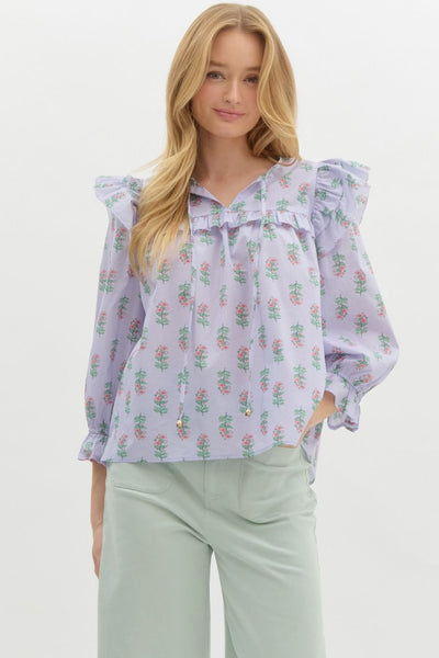 Floral Print Ruffle Shoulder Top- Blue-K. Ellis Boutique