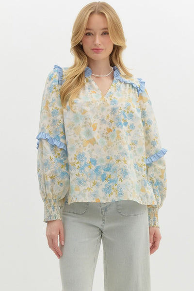 Floral Print Smocked Cuff Long Sleeve- Blue-K. Ellis Boutique