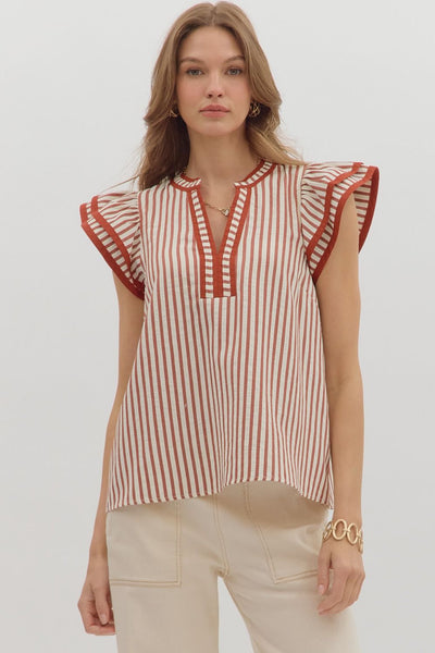 Stripe Flutter Sleeve Top- Rust-K. Ellis Boutique