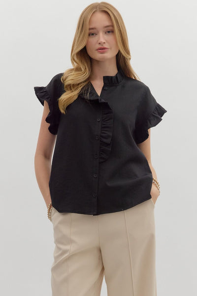 Button Front Closure with Ruffle Accent- Black-K. Ellis Boutique