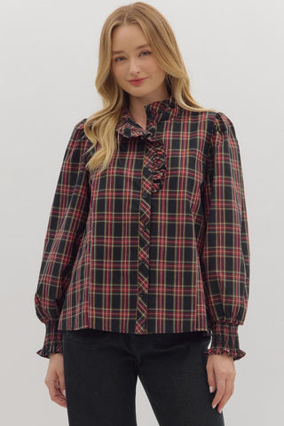 Tartan Plaid Long Sleeve Blouse- Dark Navy-K. Ellis Boutique