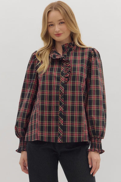 Tartan Plaid Long Sleeve Blouse- Dark Navy-K. Ellis Boutique