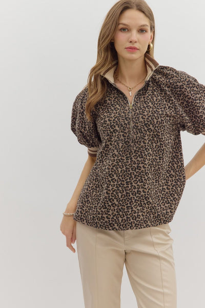 Quarter Zip Puff Sleeve Top- Leopard-K. Ellis Boutique