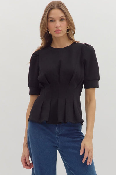 French Terry Pleated Waist Top- Black-K. Ellis Boutique