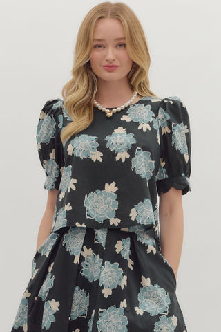 Floral Scallop Hem Top- Navy-K. Ellis Boutique
