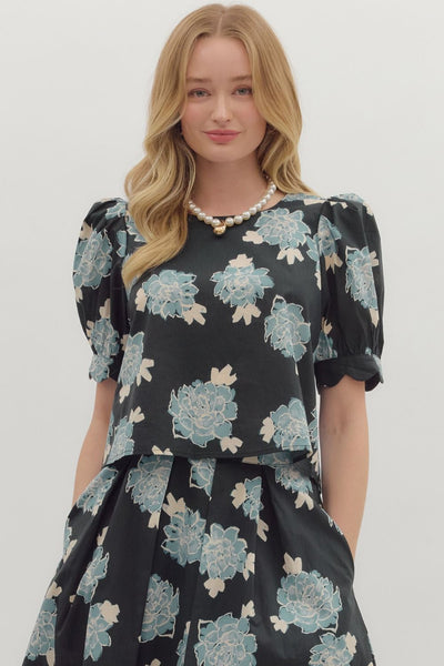 Floral Scallop Hem Top- Navy-K. Ellis Boutique